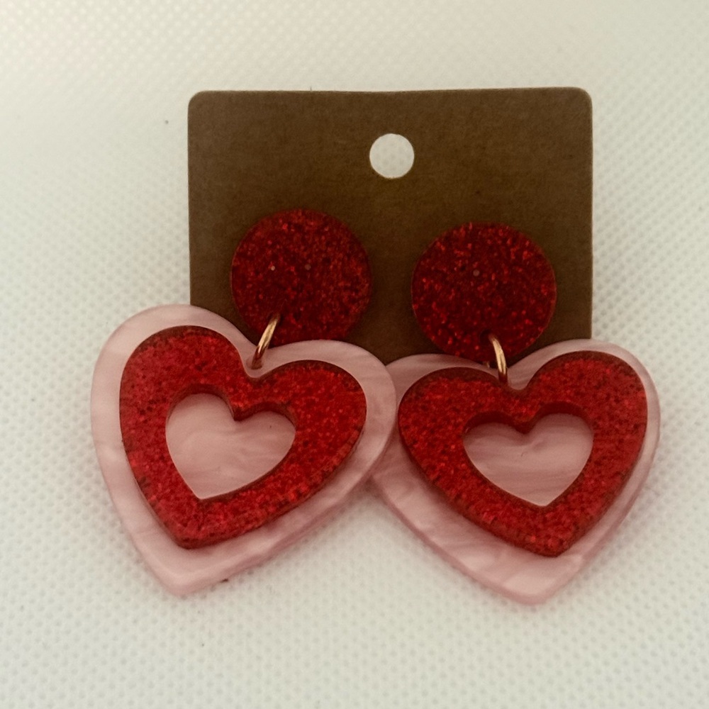 Red & Pink Heart Acrylic Earrings – Glitter Layered Drop – NWT - Picture 5 of 7